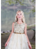 Gold Lace Champagne Glitter Tulle Tiered Flower Girl Dress Gold Lace Champagne Glitter Tulle Tiered Flower Girl Dress